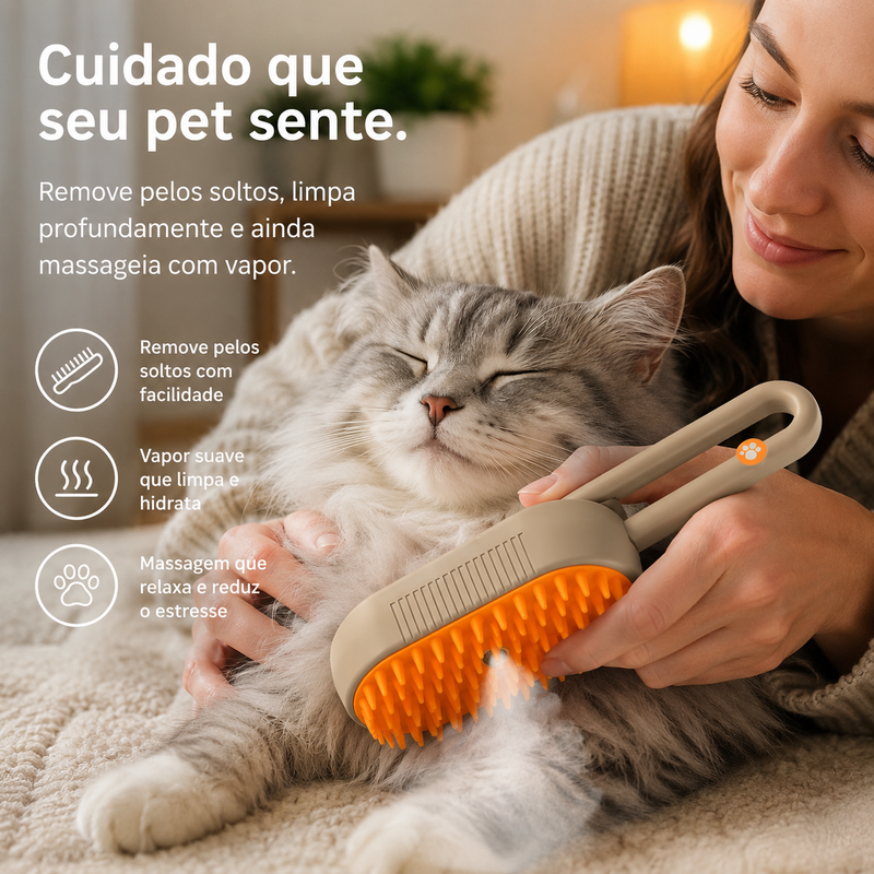 Escova Elétrica a Vapor 3 em 1 para Cães e Gato -  Remove Pelos, Massageia e Facilita a Higiene.   Mais praticidade na hora de cuidar do seu pet.