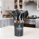 Kit C/12 Peças Utensílios De Cozinha Colheres Espatula Silicone Cabo Madeira Decoração Livre BPA