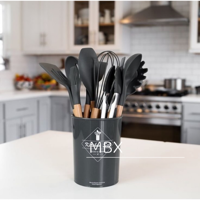 Kit C/12 Peças Utensílios De Cozinha Colheres Espatula Silicone Cabo Madeira Decoração Livre BPA