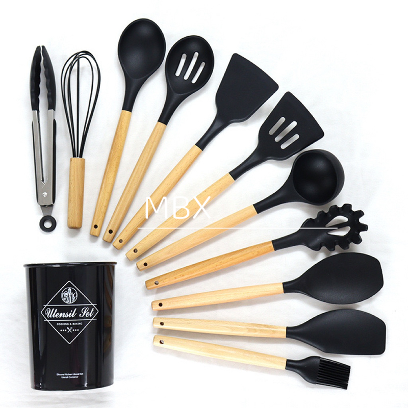 Kit C/12 Peças Utensílios De Cozinha Colheres Espatula Silicone Cabo Madeira Decoração Livre BPA