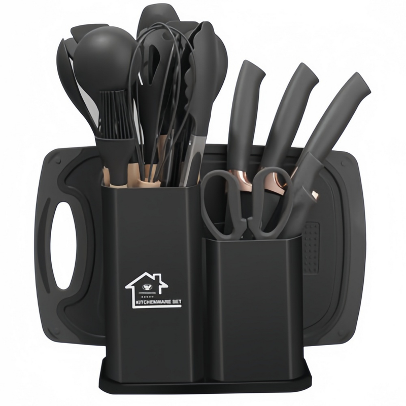 Kit Utensílios de Cozinha Premium em Silicone – 12 Peças ou 19 Peças • Resistente ao Calor • Antiderrapante • Não Risca